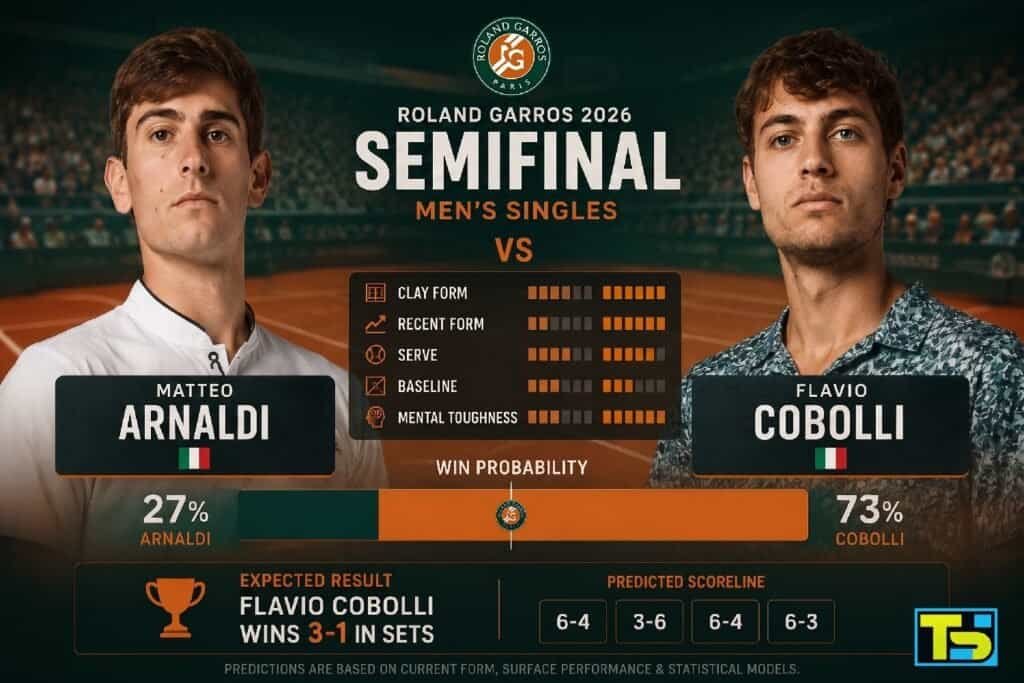 Infographic for the 2026 Roland Garros Men's Singles Semifinal matchup between Matteo Arnaldi and Flavio Cobolli. It features headshots of both players, a detailed statistical comparison on key attributes (Clay Form, Recent Form, Serve, Baseline, Mental Toughness) with Cobolli having the advantage, and a win probability breakdown of 27% for Arnaldi versus 73% for Cobolli. The bottom section displays an expected result of Cobolli winning 3-1 in sets with a predicted scoreline