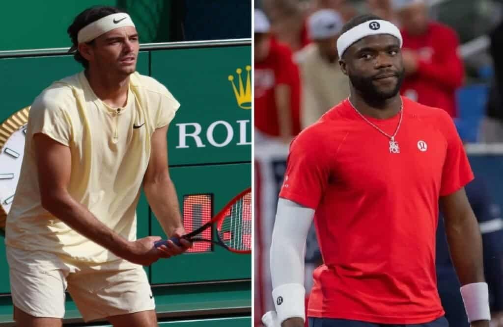 Collage photo des joueurs de tennis américains Taylor Fritz en tenue blanche et Frances Tiafoe en t-shirt rouge avant la finale du tournoi ATP de Halle.
