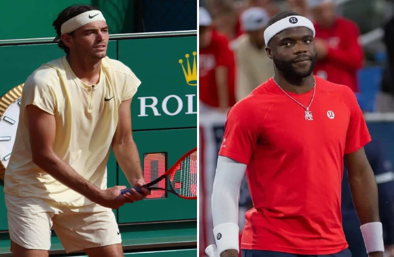Kolaž fotografija američkih tenisera Tejlora Frica u beloj opremi i Frensisa Tiafoa u crvenoj majici uoči finala ATP turnira u Haleu.