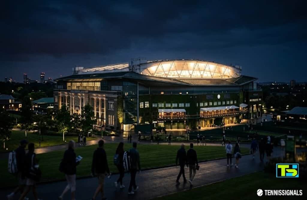 Vista nocturna de la Pista Central de Wimbledon con el techo cerrado y los focos encendidos junto al logotipo de TennisSignals.