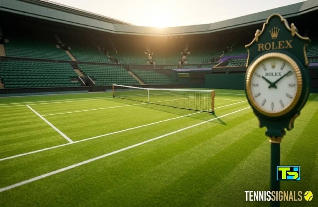 Prazan teniski teren na Vimbldonu u jutarnjim časovima pred početak prvog dana turnira uz logotip TennisSignals.