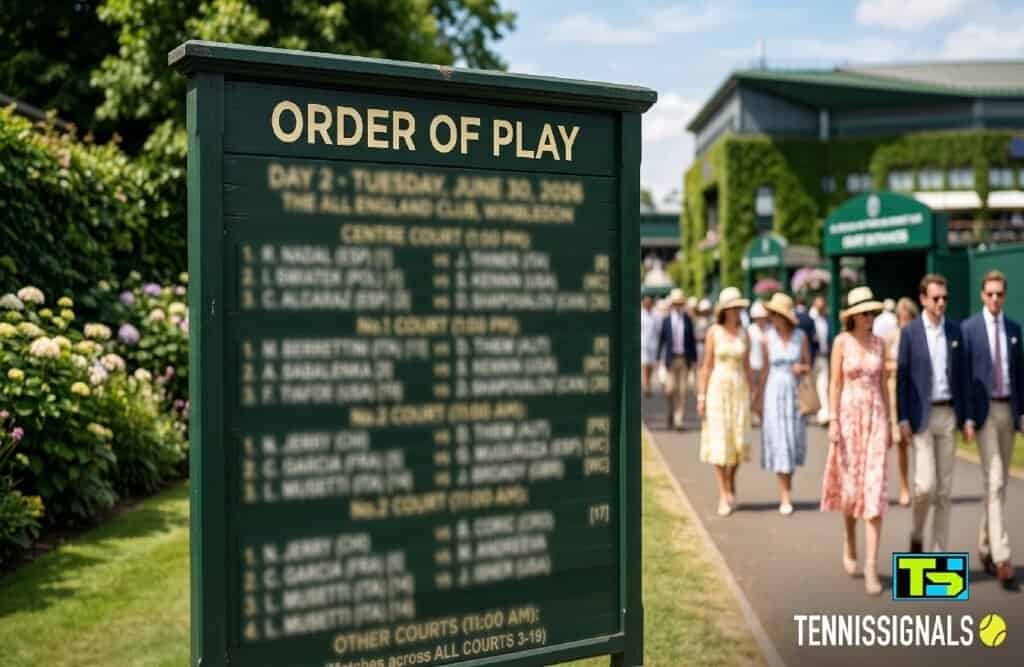 A traditional dark green Wimbledon information board displaying the Day 2 match schedule with the TennisSignals logo.