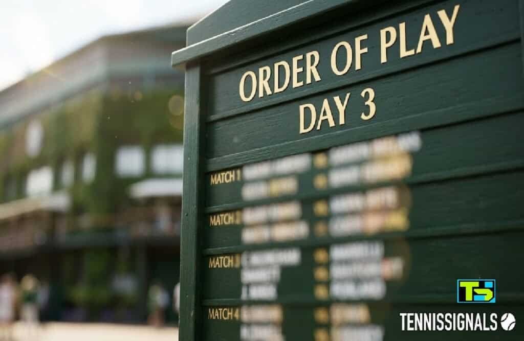 An elegant, softly-blurred traditional dark green Wimbledon information board highlighting the Day 3 schedule with the TennisSignals logo in front of Center Court.
