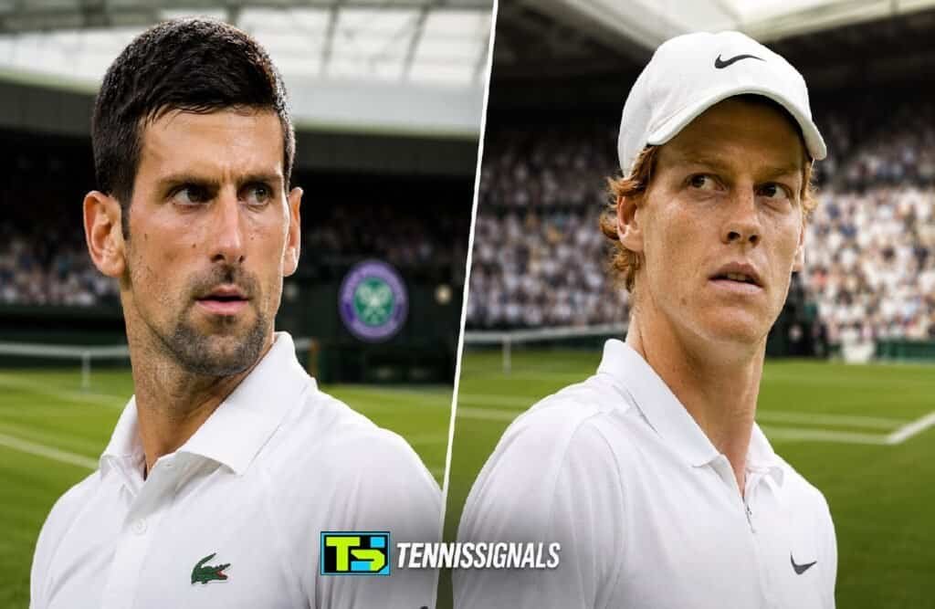 Novak Djokovic and Jannik Sinner in Wimbledon gear on a draw preview graphic with the TennisSignals logo.
