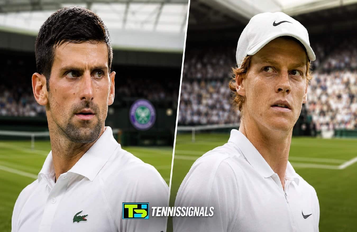 Novak Djokovic y Jannik Sinner con ropa de Wimbledon en un gráfico de vista previa del sorteo con el logotipo de TennisSignals.