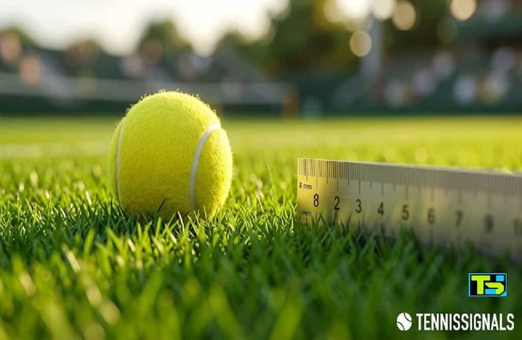 Krupni kadar teniske loptice na savršeno ošišanoj vimbldonskoj travi sa logotipom TennisSignals.