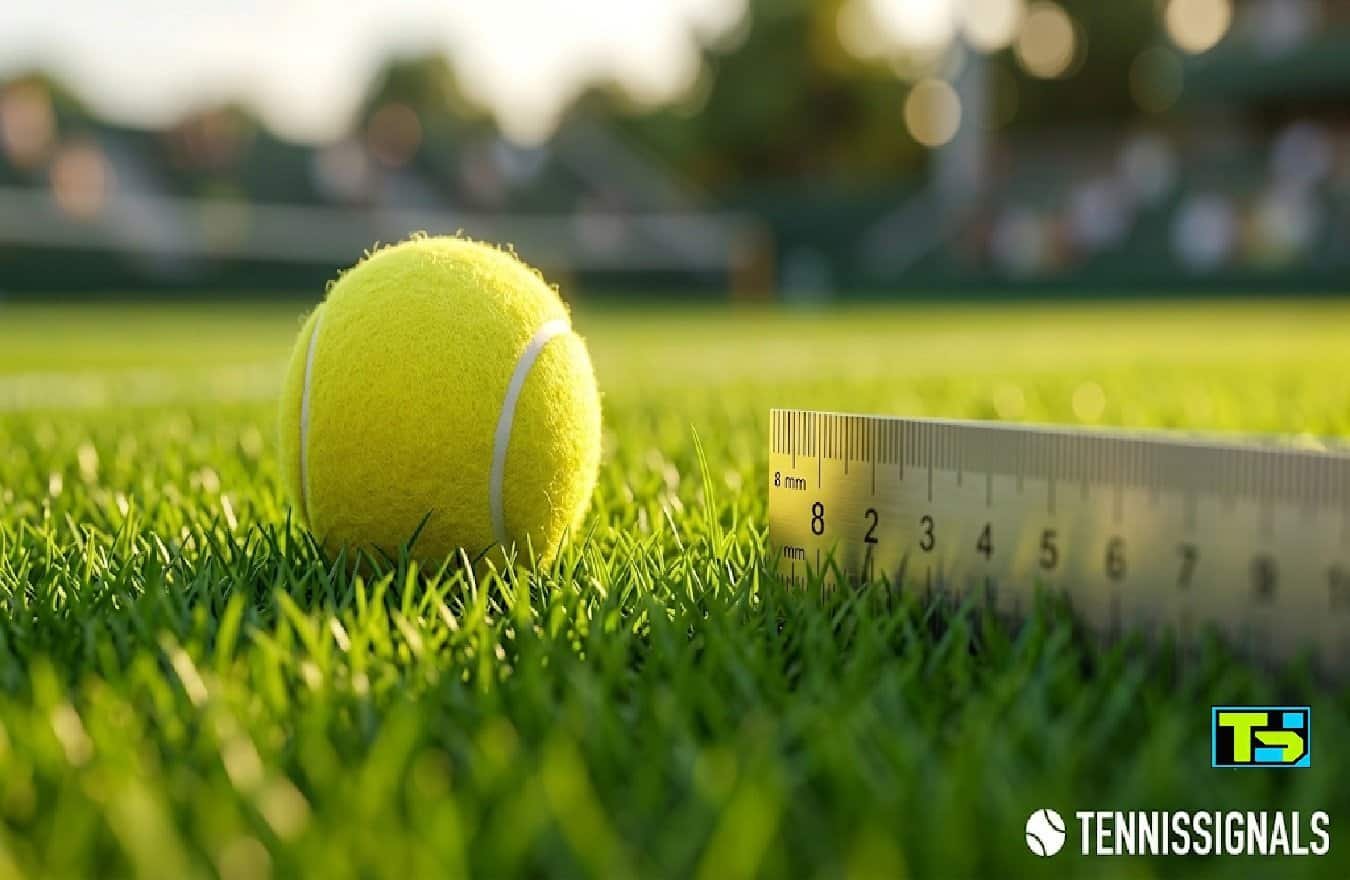 Krupni kadar teniske loptice na savršeno ošišanoj vimbldonskoj travi sa logotipom TennisSignals.