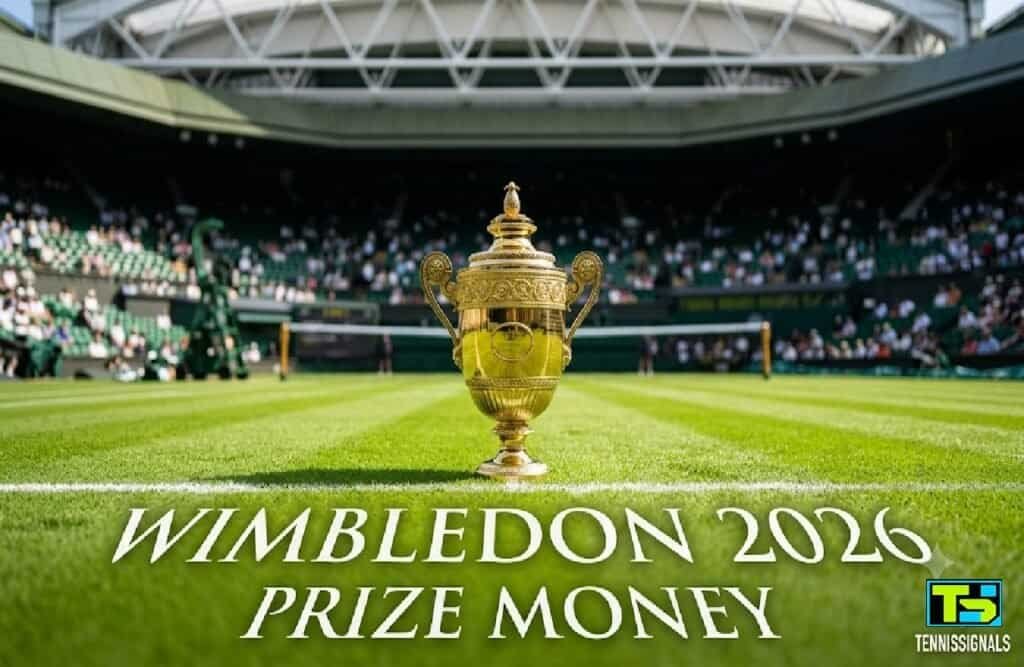 Golden tennis trophy on grass with Wimbledon 2026 prize money text and TennisSignals logo.