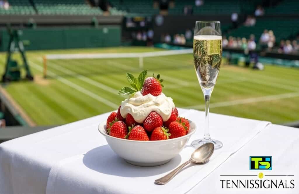 Un tazón de fresas frescas con nata y una copa de champán frente a una pista de Wimbledon con el logotipo de TennisSignals.