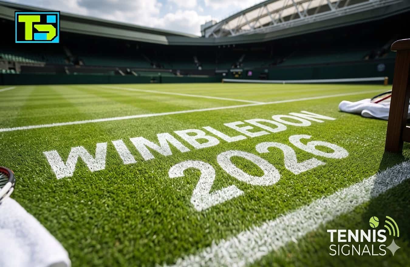 Wimbledon 2026 écrit sur un court de tennis en gazon avec le logo TennisSignals.