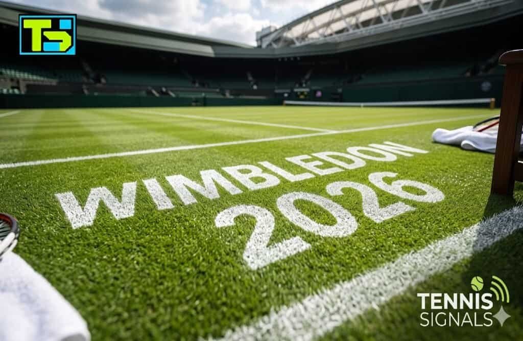 Wimbledon 2026 escrito en una pista de tenis de césped con el logotipo de TennisSignals.
