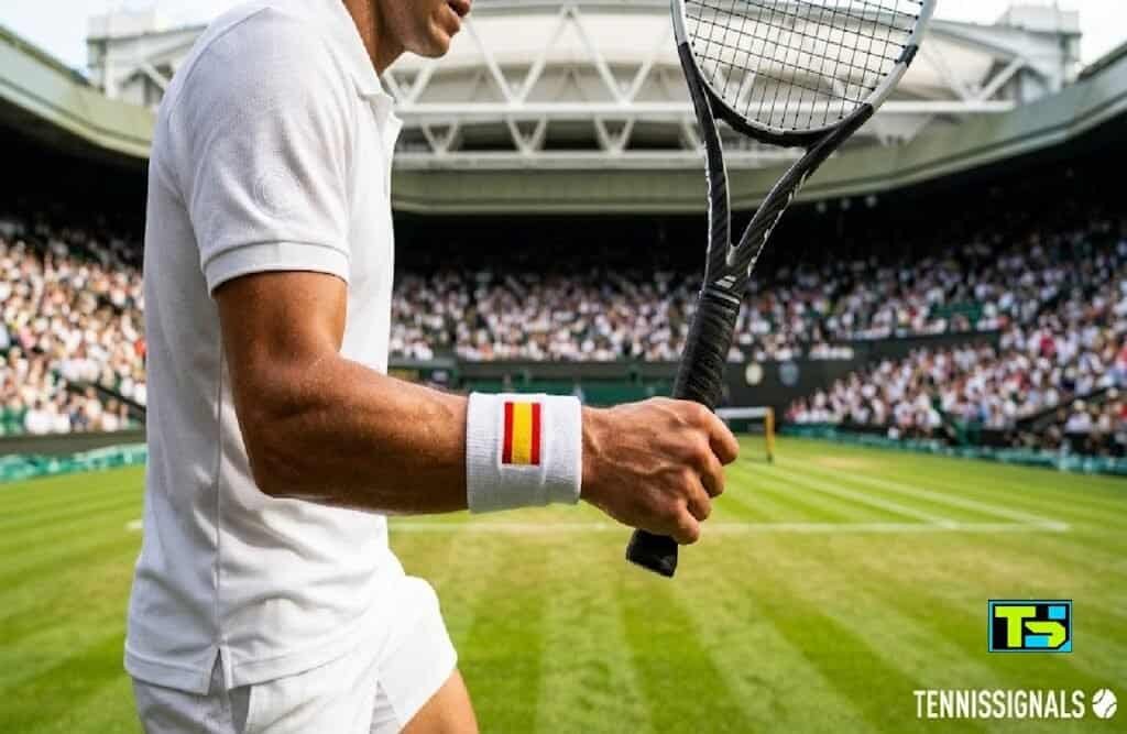 El brazo de un tenista con una muñequera de la bandera de España sosteniendo una raqueta en Wimbledon con el logotipo de TennisSignals.