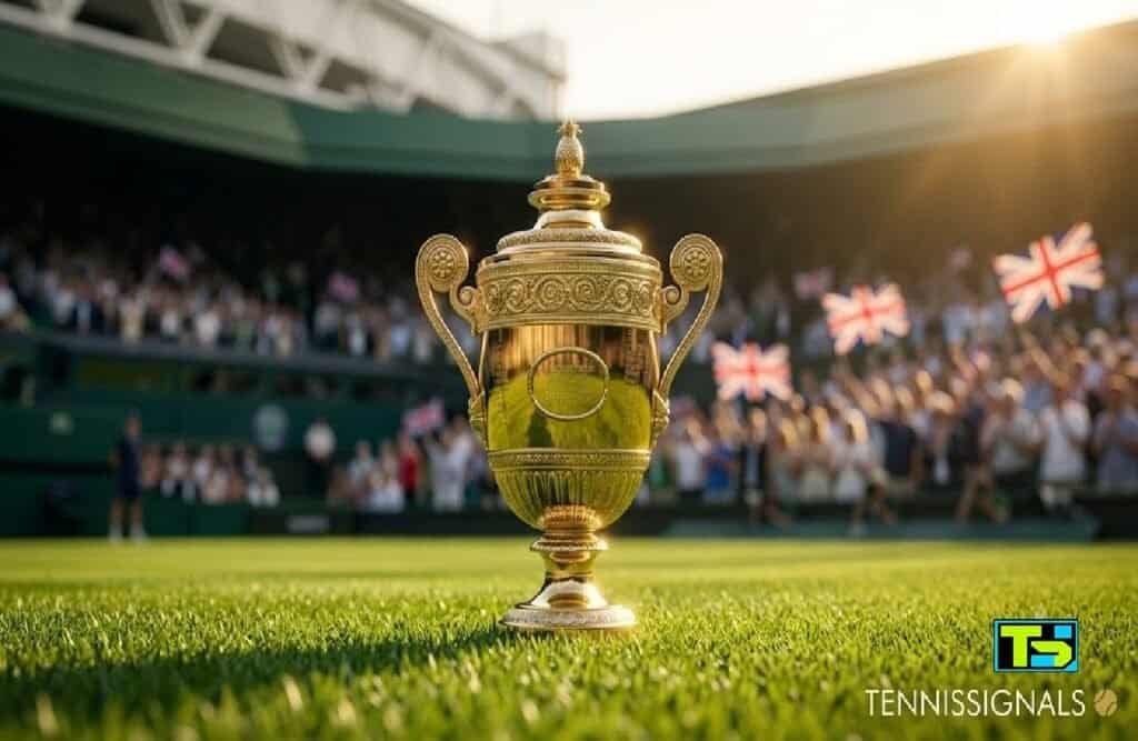 The Wimbledon trophy on Centre Court with fans waving British flags in the background and the TennisSignals logo.