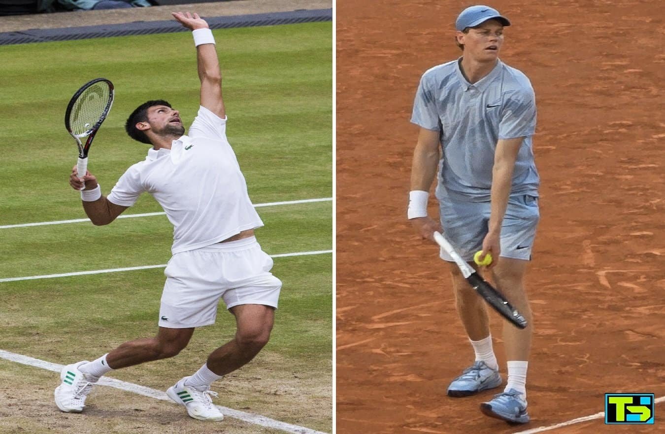 A split image showing Novak Djokovic serving on grass and Jannik Sinner preparing to serve, both winners on Day 1 of Wimbledon.