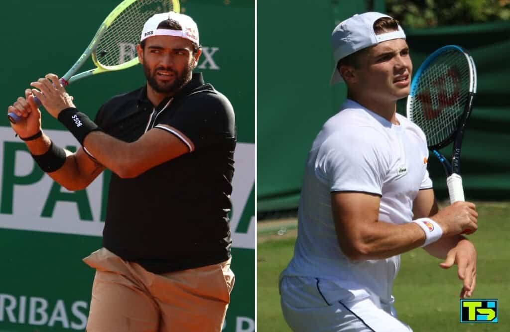 Une image divisée montrant Matteo Berrettini frappant un revers et Arthur Fery se préparant pour un coup, tous deux vainqueurs lors du Jour 2 de Wimbledon.