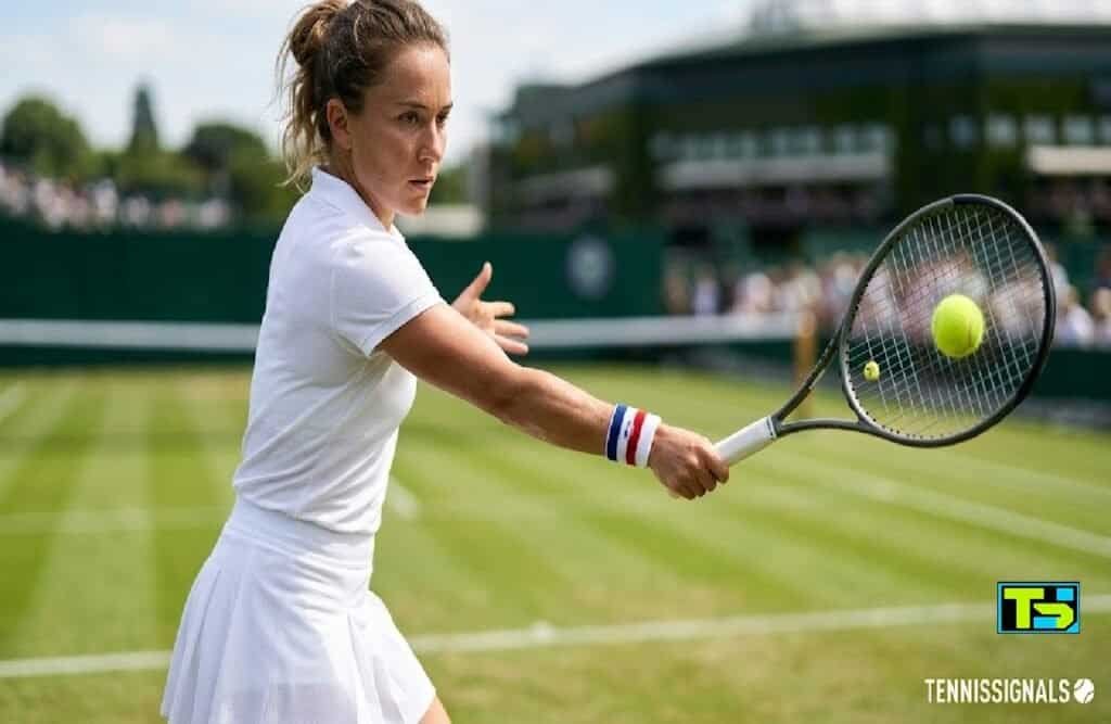 Un joueur de tennis effectuant un revers à une main avec un poignet aux couleurs de la France à Wimbledon avec le logo TennisSignals.