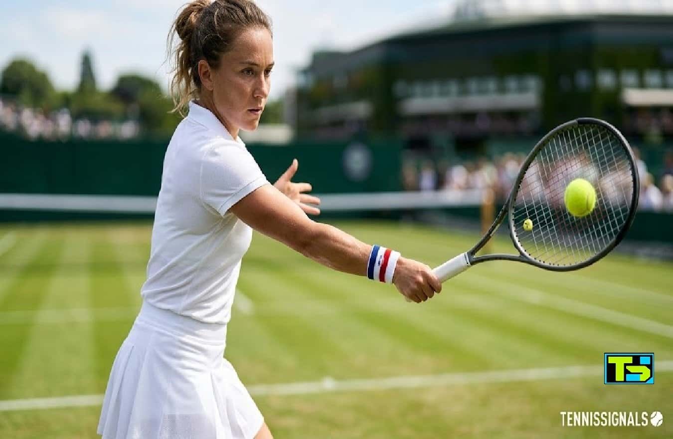 Un joueur de tennis effectuant un revers à une main avec un poignet aux couleurs de la France à Wimbledon avec le logo TennisSignals.
