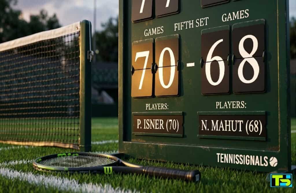 A traditional Wimbledon scoreboard showing the record 70-68 score with the TennisSignals logo.