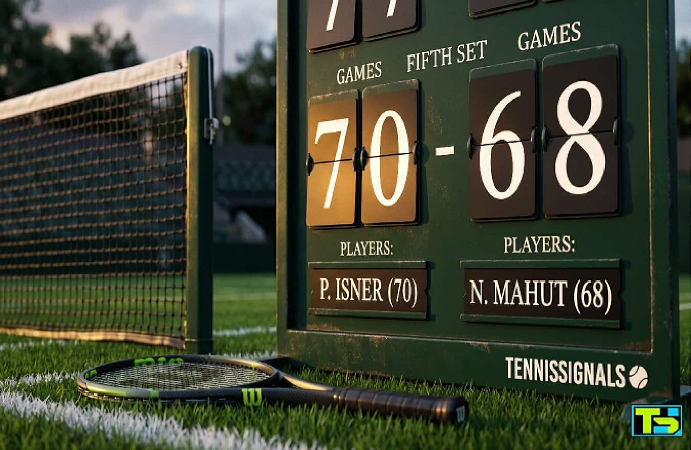 Tradicionalni vimbldonski semafor koji pokazuje rekordni rezultat 70-68 uz logotip TennisSignals.