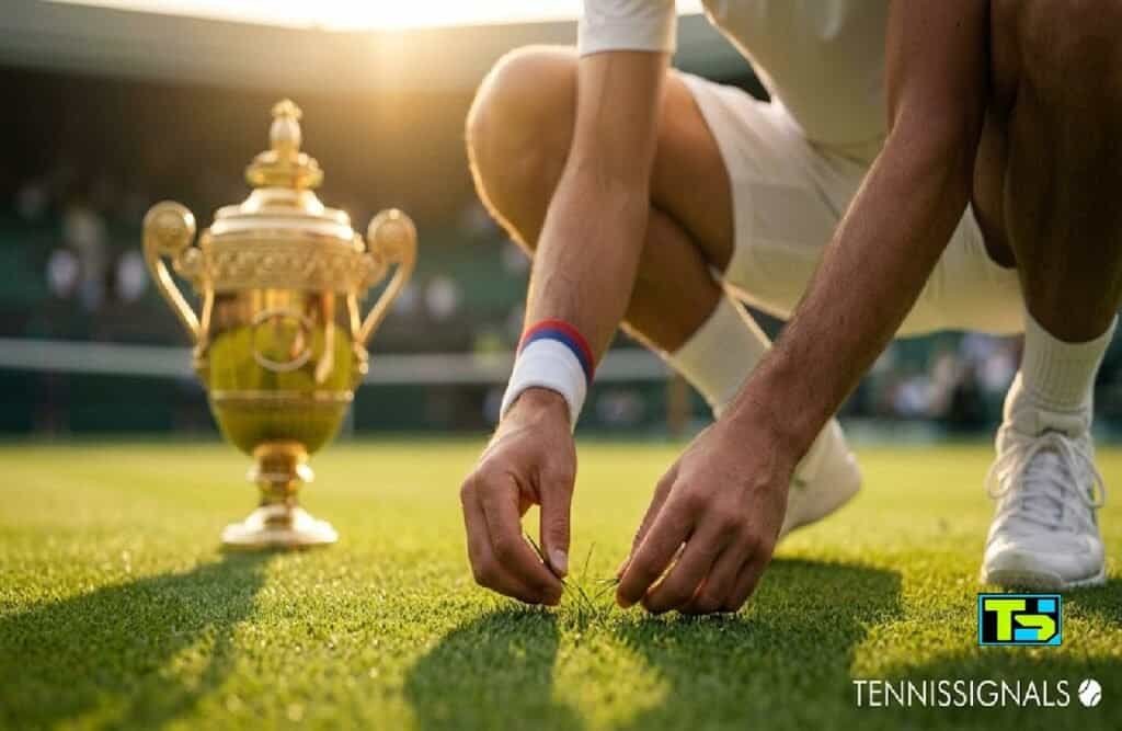 Ruke tenisera u beloj opremi beru vimbldonsku travu ispred zlatnog pehara uz logotip TennisSignals.