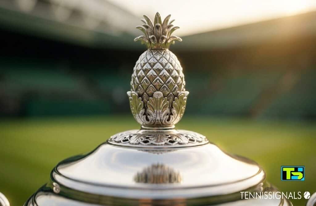 Detalj vimbldonskog pehara sa ananasom na vrhu i logotip TennisSignals.