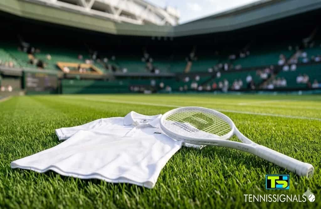 Équipement de tennis entièrement blanc et raquette sur le gazon de Wimbledon avec le logo TennisSignals.