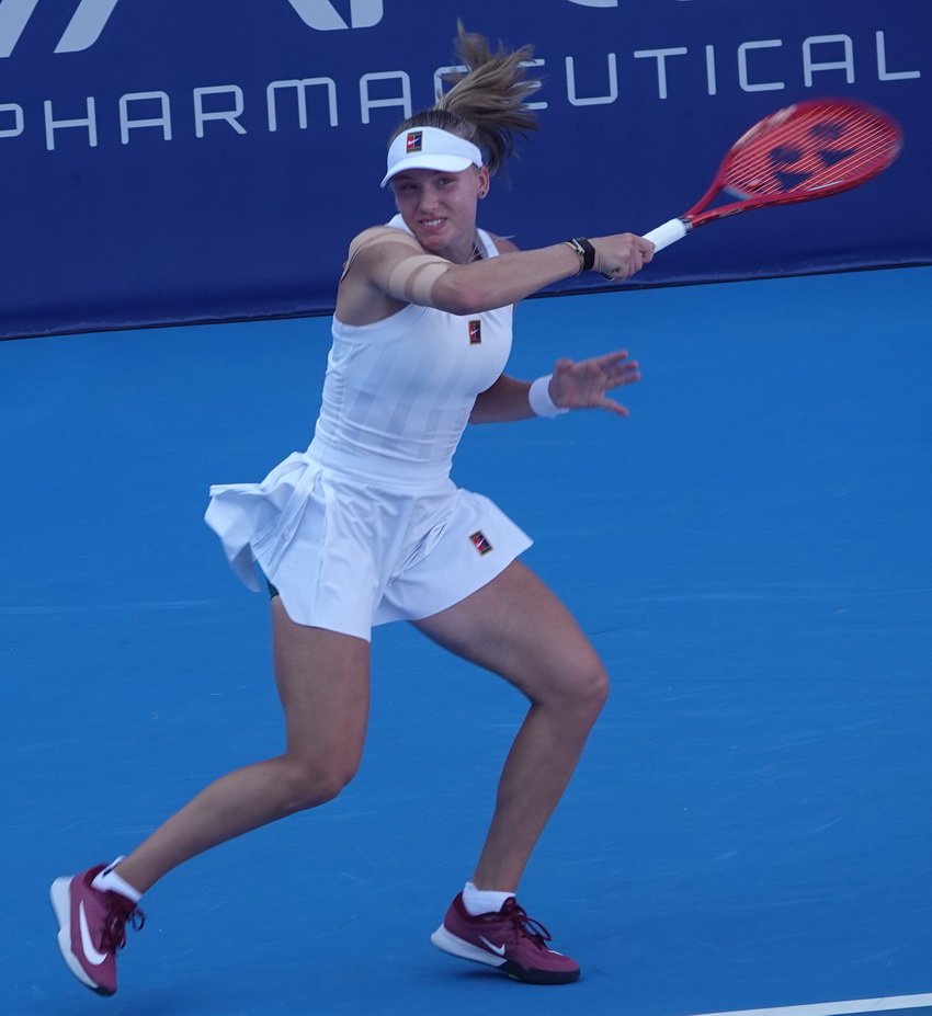 Russian tennis player Alina Korneeva preparing to hit a forehand shot during the Athens Open 26 tournament