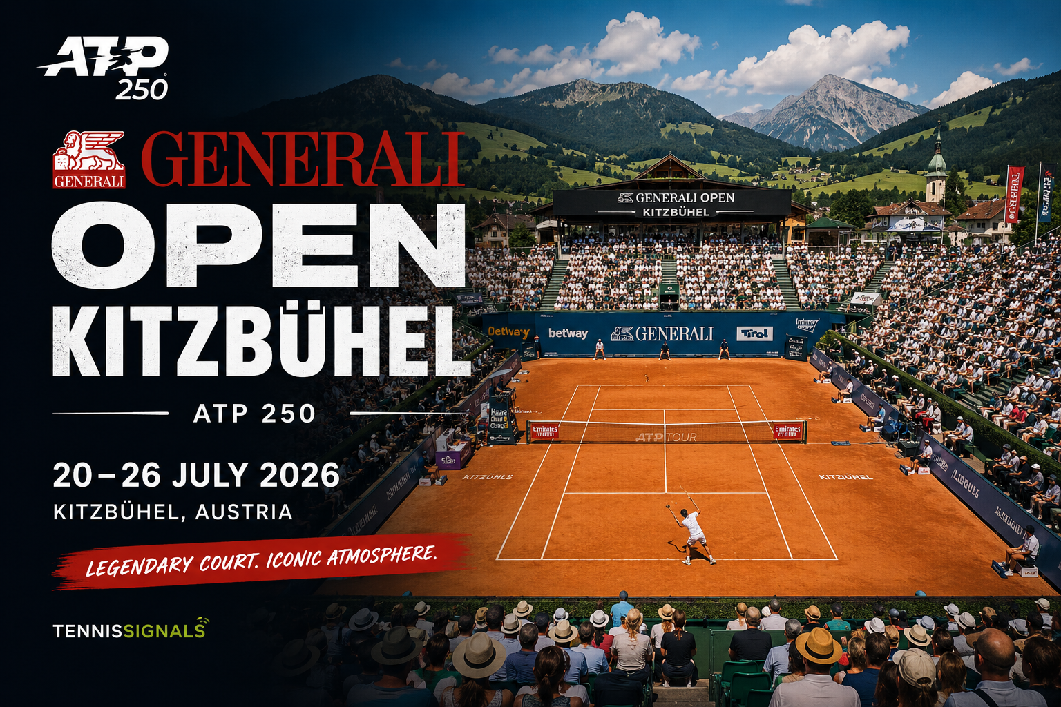 Centralni teren ATP 250 Generali Open Kitzbühel tokom turnira 2026, sa punim tribinama i austrijskim Alpima u pozadini.