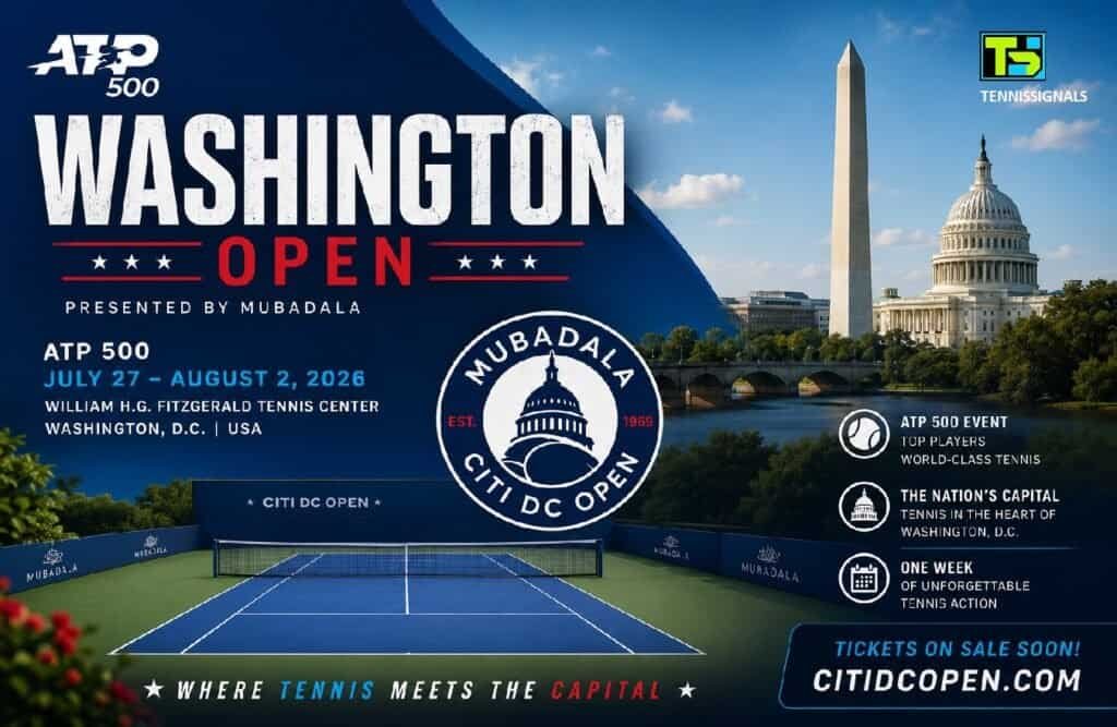 Banner oficial del ATP 500 Washington Open 2026 con la pista de tenis y los monumentos de la capital.