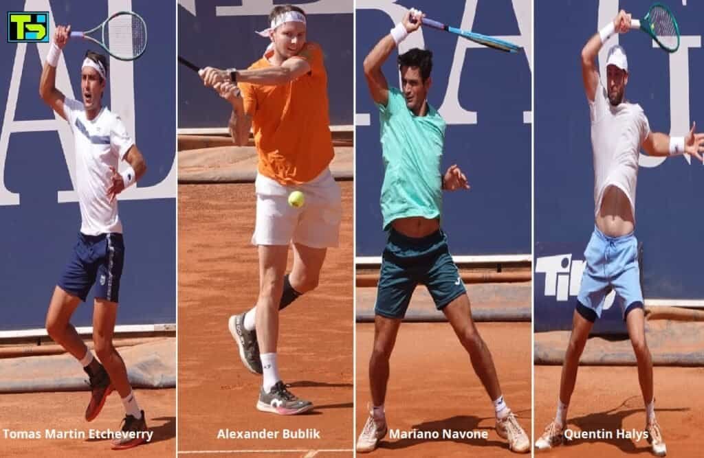 Collage of tennis players Tomas Martin Etcheverry, Alexander Bublik, Mariano Navone, and Quentin Halys in action during the ATP Kitzbuhel 2026 tournament.