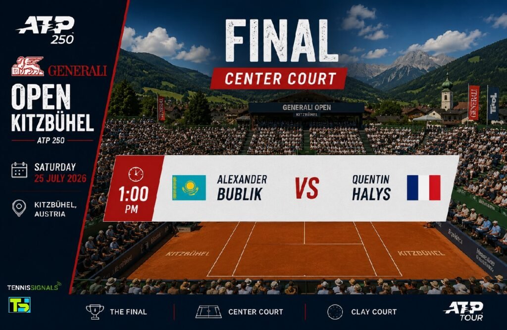Annonce officielle de la finale du tournoi ATP de Kitzbühel 2026 entre Alexander Bublik et Quentin Halys sur le Court Central.