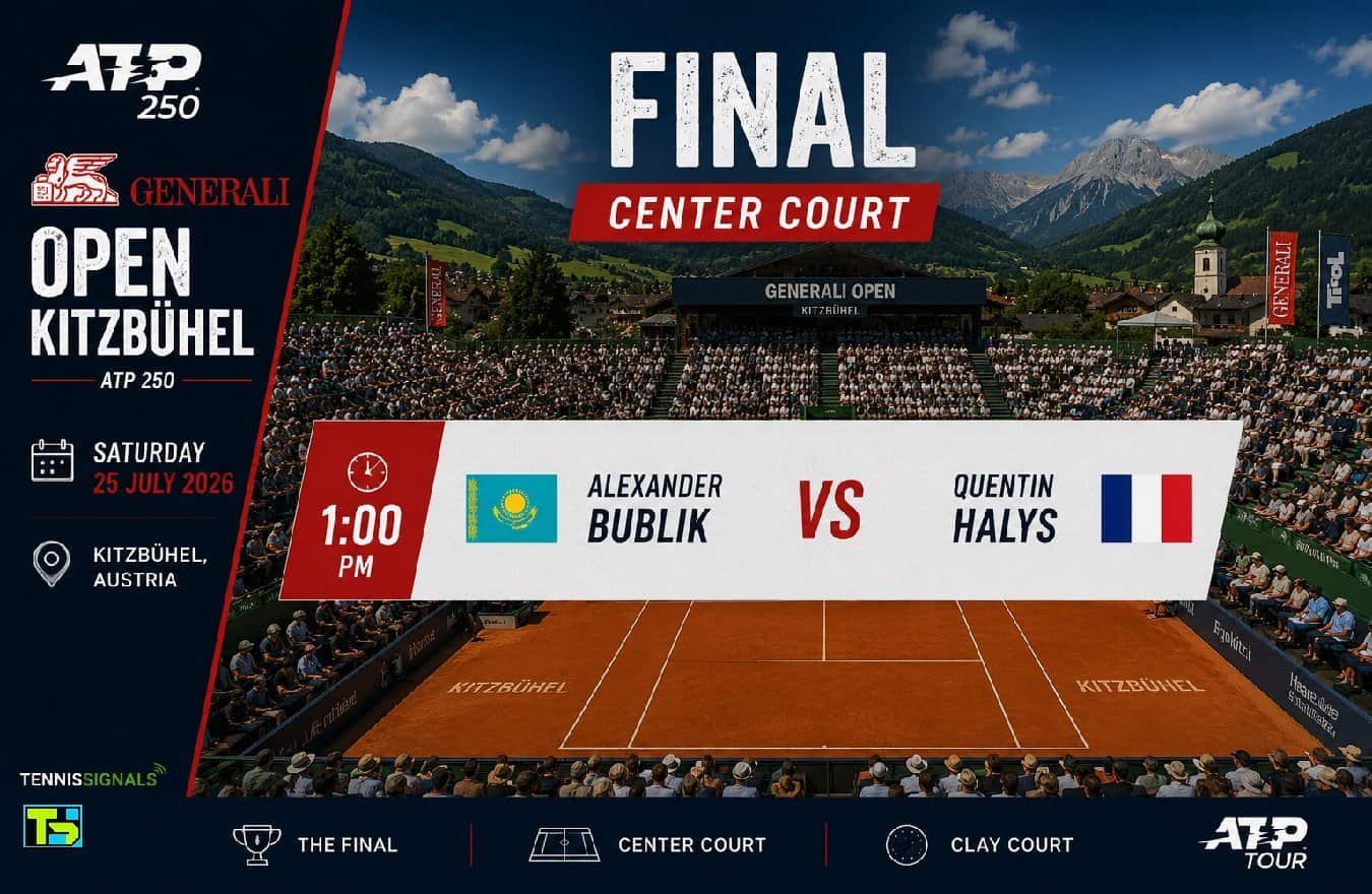 Zvanična najava finala ATP turnira u Kicbilu 2026. između Aleksandra Bublika i Kventina Alisa na Centralnom terenu.