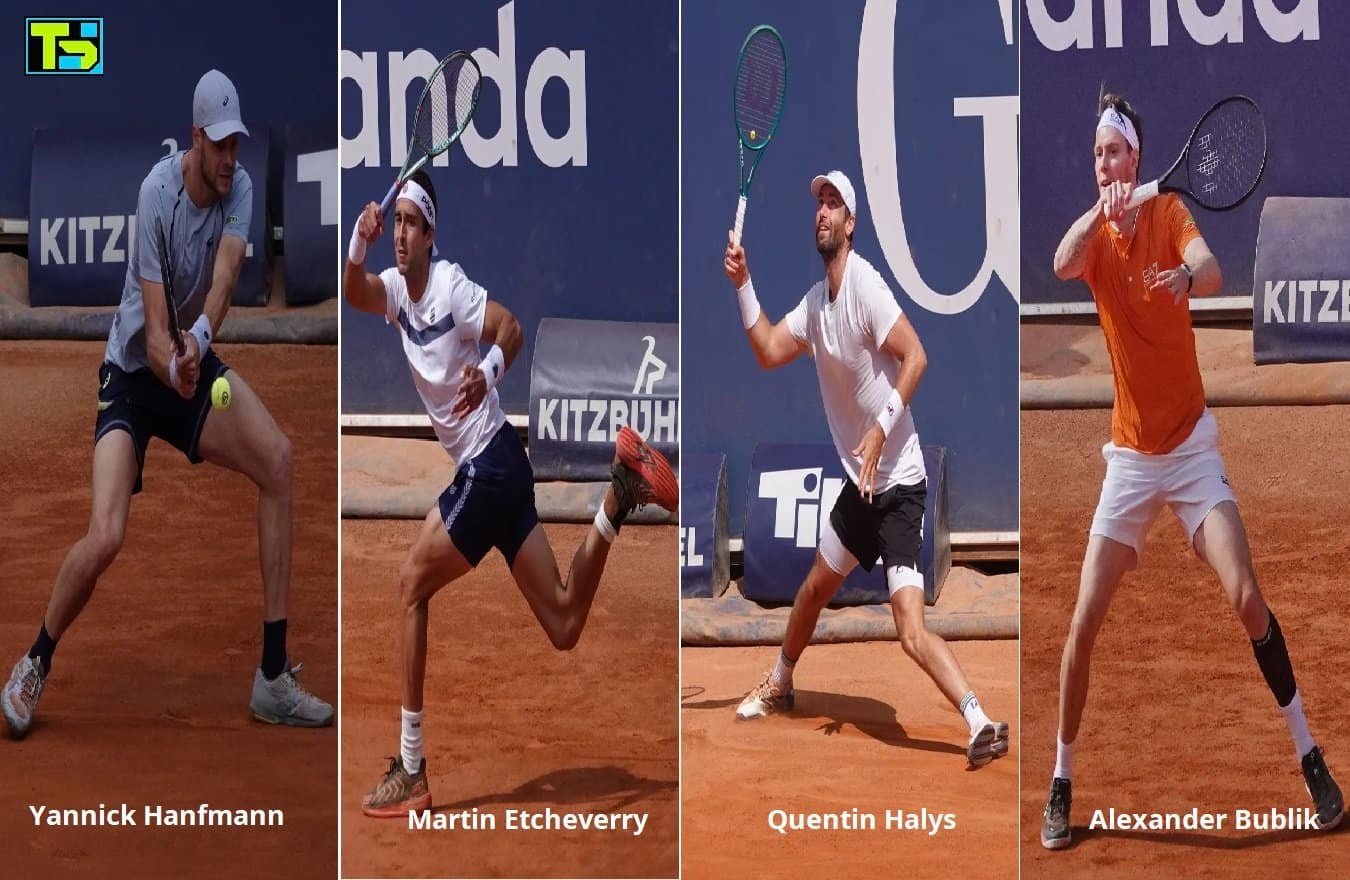 Collage des joueurs de tennis Yannick Hanfmann, Tomas Martin Etcheverry, Quentin Halys et Alexander Bublik en action lors des quarts de finale du tournoi ATP Kitzbühel 2026.