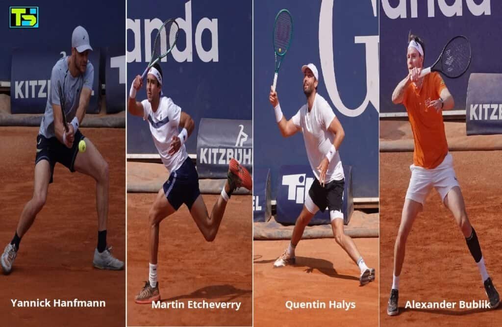 Collage of tennis players Yannick Hanfmann, Tomas Martin Etcheverry, Quentin Halys, and Alexander Bublik in action during the ATP Kitzbuhel 2026 quarterfinals.