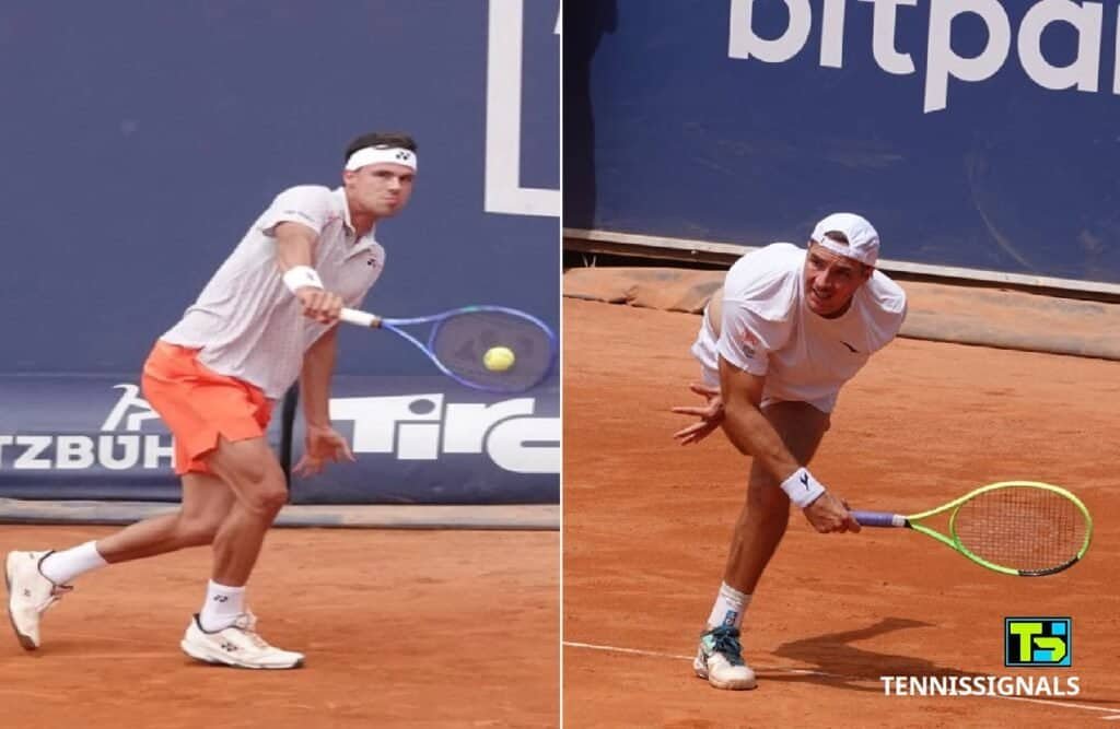 Daniel Altmaier hitting a forehand and Jan-Lennard Struff in action on the clay court in Kitzbuhel