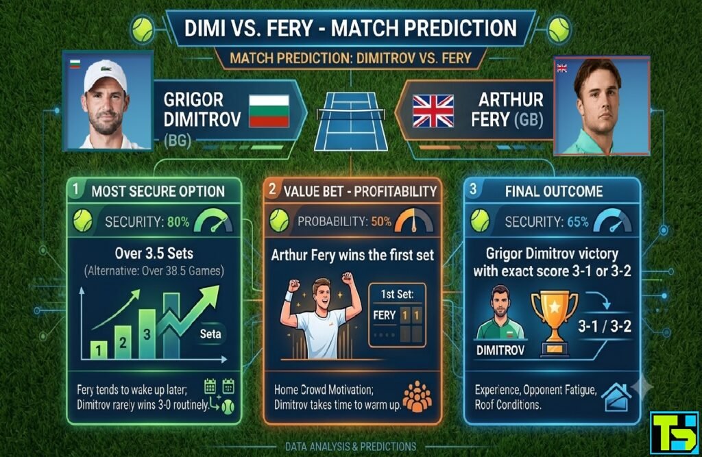 A detailed infographic providing a tennis match prediction for the duel between Grigor Dimitrov (BG) and Arthur Fery (GB). It features player profiles with Bulgarian and British flags, a tennis court graphic, and three forecast panels with probability gauges: 1. Most Secure Option (Over 3.5 Sets, 80% Security) with a bar chart; 2. Value Bet (Arthur Fery wins the first set, 50% Probability) with a character graphic; 3. Final Outcome (Grigor Dimitrov victory with exact score 3-1 or 3-2, 65% Security) with a trophy and player portraits. Detailed rationale and a data analysis footer are included.