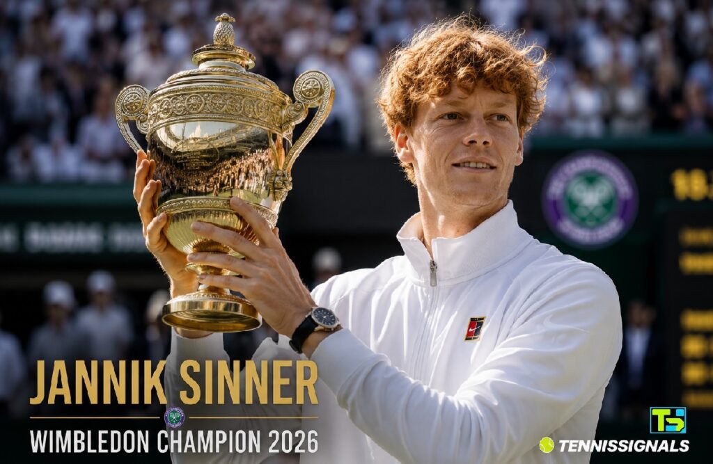 anik Siner ponosno drži zlatni vimbldonski pehar na Centralnom terenu, sa natpisom Jannik Sinner Wimbledon Champion 2026 i logotipom TennisSignals u uglu.