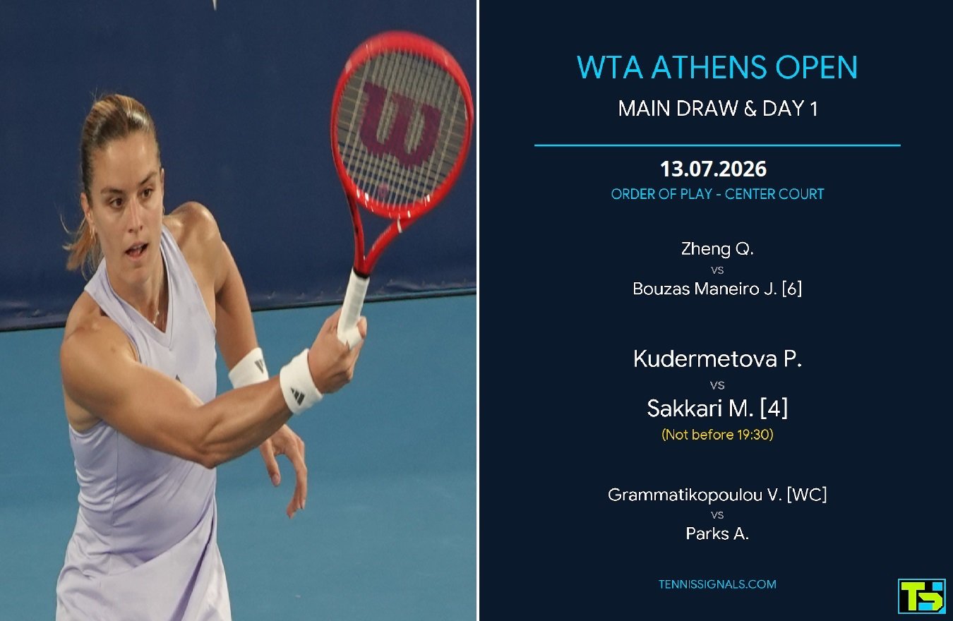 Gráfico de pantalla dividida para el primer día del WTA Athens Open. En el lado izquierdo, la tenista griega Maria Sakkari en acción golpeando un drive con una raqueta roja. En el lado derecho, el orden de juego de la pista central para el 13 de julio de 2026, con los partidos Zheng contra Bouzas Maneiro, Kudermetova contra Sakkari, y Grammatikopoulou contra Parks.