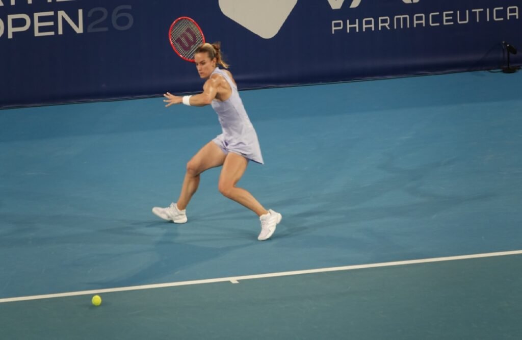 Greek tennis player Maria Sakkari in action hitting a forehand at the WTA Athens Open 2026.