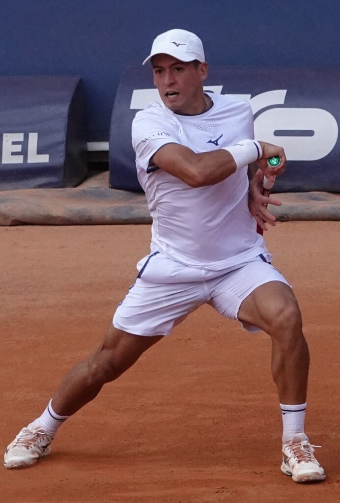 Argentine tennis player Sebastian Baez hitting a forehand during his quarterfinal match in Kitzbuhel on clay