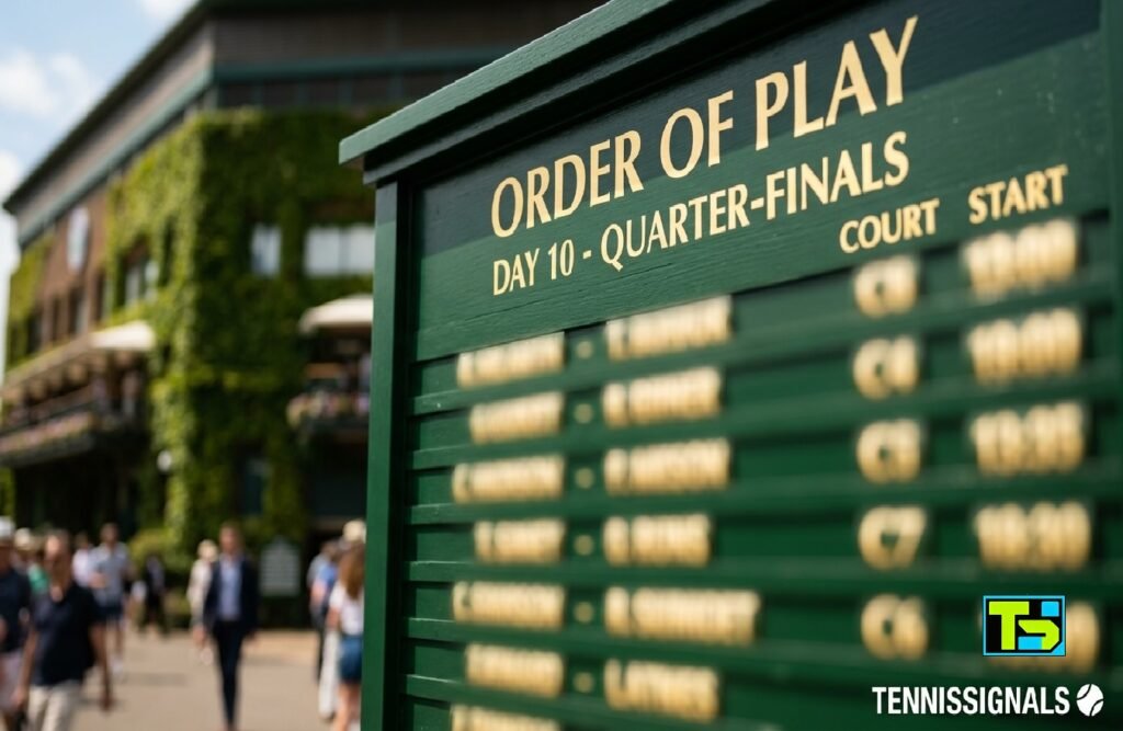 Un panneau d'information traditionnel vert foncé de Wimbledon affichant le programme des quarts de finale du Jour 10 avec un texte délibérément flouté et le logo TennisSignals devant le Court Central.