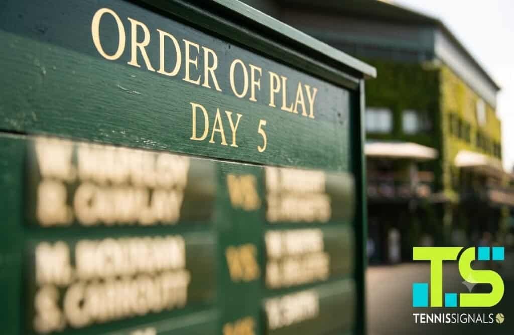 Un panneau d'information traditionnel vert foncé de Wimbledon affichant le programme du Jour 5 avec un texte délibérément flouté et le logo TennisSignals devant le Court Central.