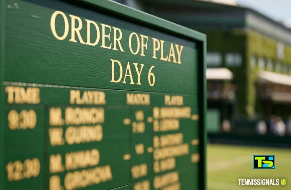 Un tablero de información tradicional de color verde oscuro de Wimbledon que muestra el calendario del Día 6 con texto deliberadamente borroso y el logotipo de TennisSignals delante de la Pista Central.