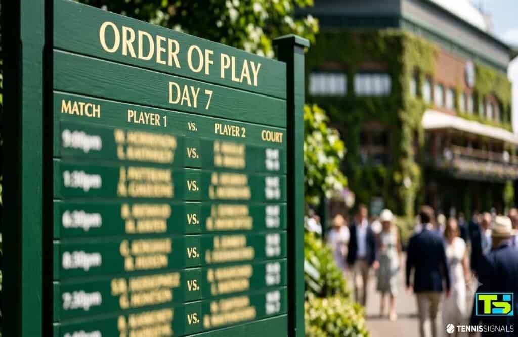 An elegant, softly-blurred traditional dark green Wimbledon information board highlighting the Day 7 schedule with the TennisSignals logo in front of Center Court.