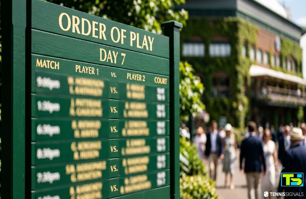 Un tablero de información tradicional de color verde oscuro de Wimbledon que muestra el calendario del Día 7 con texto deliberadamente borroso y el logotipo de TennisSignals delante de la Pista Central.