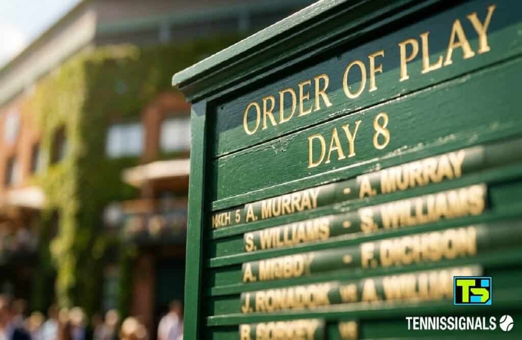 Un panneau d'information traditionnel vert foncé de Wimbledon affichant le programme du Jour 8 avec un texte délibérément flouté et le logo TennisSignals devant le Court Central.