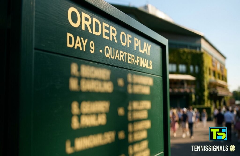An elegant, softly-blurred traditional dark green Wimbledon information board highlighting the Day 9 quarterfinal schedule with the TennisSignals logo in front of Center Court.