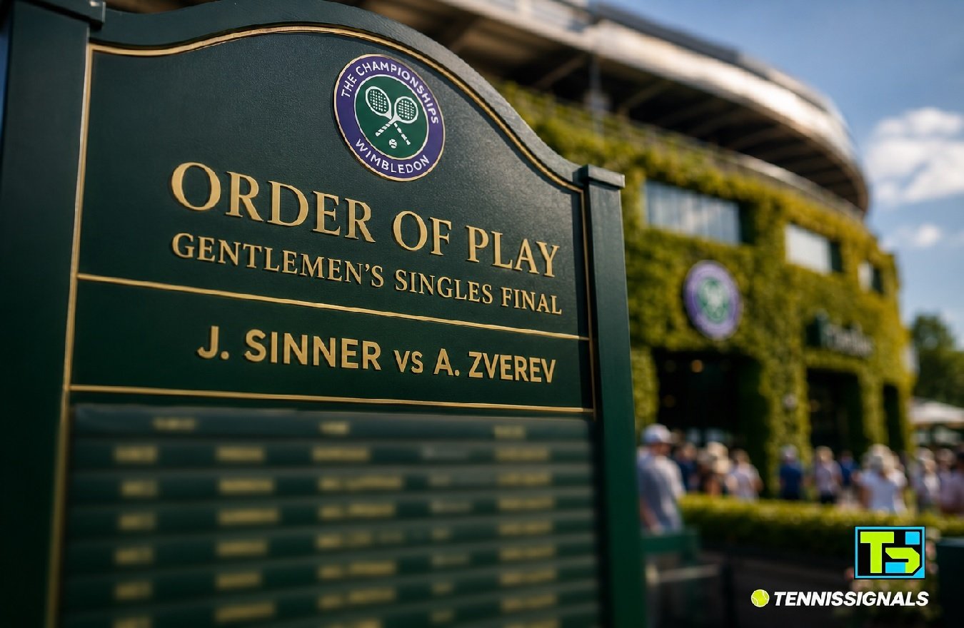 Un panneau d'information traditionnel vert foncé de Wimbledon affichant clairement le programme de la finale entre Sinner et Zverev devant le Court Central avec le logo TennisSignals.