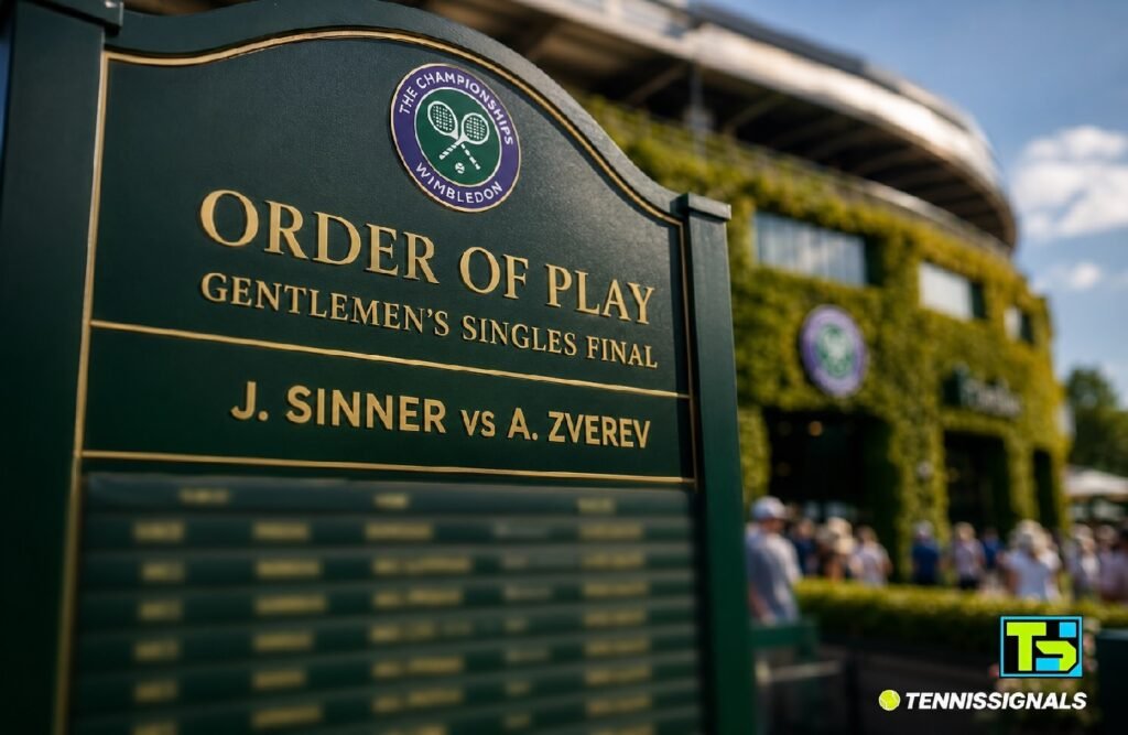 A traditional dark green Wimbledon information board clearly displaying the final match schedule between Sinner and Zverev in front of Center Court with the TennisSignals logo.