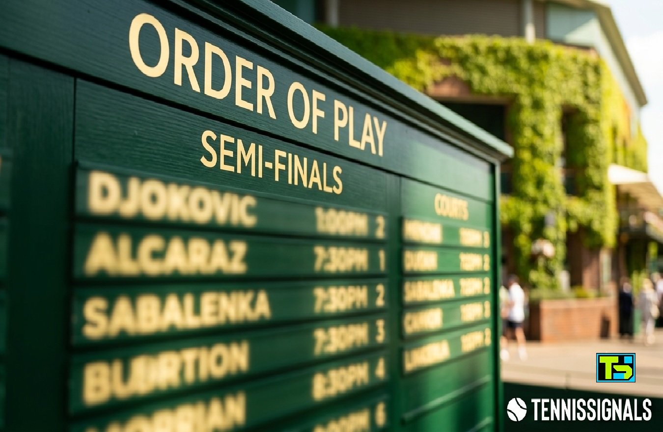 Un tablero de información tradicional de color verde oscuro de Wimbledon que muestra el calendario de semifinales con texto deliberadamente borroso y el logotipo de TennisSignals delante de la Pista Central.